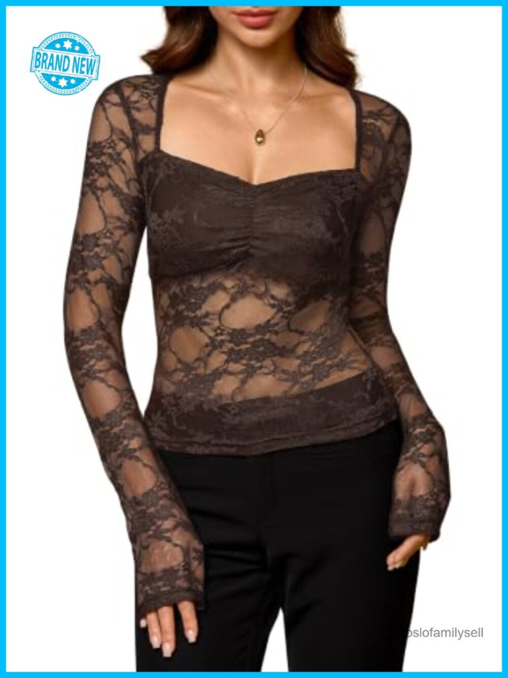 Lace Ruched Sweetheart Neck Sheer Mesh Long Sleeve Blouse